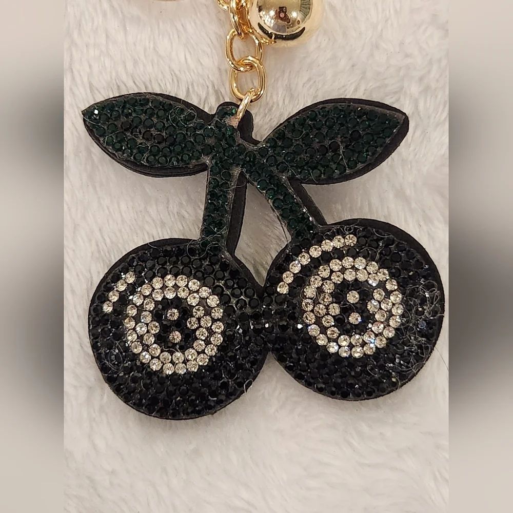 Black 8 Ball Cherries With Green Stem Keychain Bag Charm